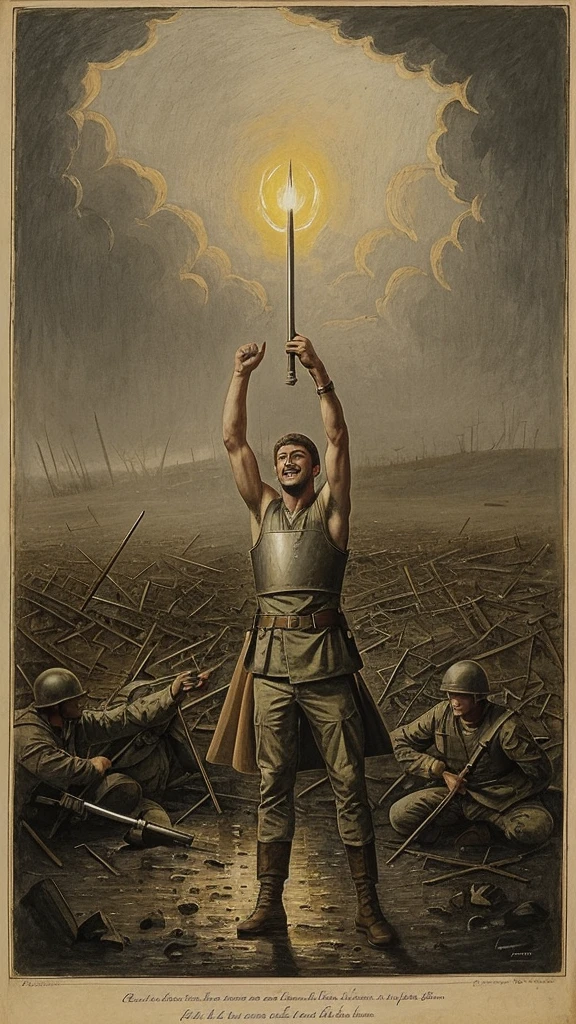 A chorus of shouts of joy rings out across the war-torn battlefield as soldiers from both sides raise their arms in celebration. In the middle of this happy chaos, Jean, the once tired soldier, se tient droit, heart overflowing with pride and relief. The magic sword, whose radiant blade is now attenuated but which still vibrates with power, repose dans sa main, symbol of victory and hope. Le regard de Jean se déplace de l'épée vers la photo en lambeaux qu'il serre dans son autre main, a treasured memory of the family he fought to protect.

Alors que les yeux de Jean croisent ceux de ses proches sur la photo, un sourire sincère se dessine sur son visage. The war that tore him from their embrace is finally over, and the path to a better future opens before him. The battlefield, once a scene of devastation, now transforms into a web of hope and renewal, painted with the vibrant hues of a newfound peace.