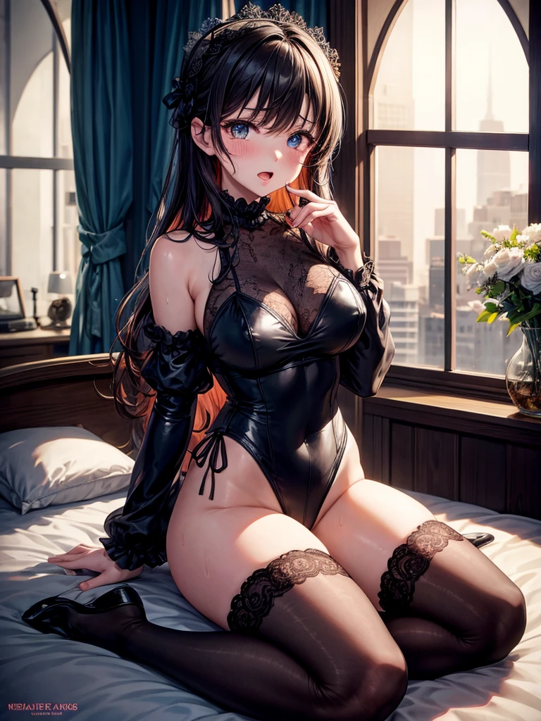 Highest quality,Highest Resolution,A beautiful girl in a gothic leotard with a crying face,Frills,Super High Leg,Very beautiful eyes,Bedroom,Night view outside the window,Knee-high stockings,Drink a drink,Tears,sweat profusely,Open mouth and drip saliva,