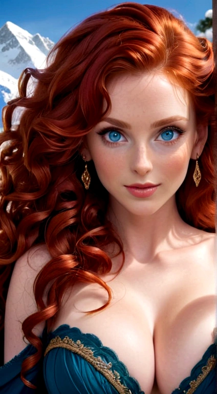 Pretty woman, similar to Amouranth,cute,huge natural breasts, red hair curly/flowing, detailed dark BLUE eyes and face, not to skinny, naughty smile, make it ultra-realistic, western european girl, in the snow in the mountains, clothing colour needs to be anything but green, extremely detailed blue eyes, extremely long wavy red hair, extremely long hair, extremely detailed blue eyes, huge drop earrings, naked breasts, extremely long red hair