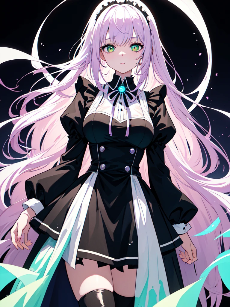 With a large shield, maid, Evil Eye, A bad looking person with white eyes, whole body絵, She is wearing a maid uniform and the background is a dark and desolate landscape., Horror movie atmosphere. Her figure is extremely beautiful, Emphasizing the dark and crazy elements. Skillfully expressing the effects of light and shadow, detailed, The face and expression of the black costume are also carefully drawn..., Artistic elements add depth to the work. The overall atmosphere is creepy and nightmarish..., With a unique artistic touch. This movie is、The dark and crazy world of horror movies depicted in HD., Evoke visual stimuli and aesthetic sense, It will terrify and excite the audience....,sketch (Character design sheet, same characters, whole body, Three-View, front, ~ ~ ~ side, return) and watercolor画, （Gradient braided hair, Light pink hair, (Ink blotches:1.1), (pale:1.2),(Light purple:1.2),(Light green:1.2)　and a mature face,tall, Wearing black tights,Green Eyes, The skin is hidden　and 1 female, Nervous,Cowboy Shot,,(Very bright:1.1), White Background, [1 Girl:7], (Tilt your head:1.2), ([sketch|watercolor \(Moderate\)]:1.15),Chaotic Abstract Background, Vector Trace, Gradient Blending, Bright colors, that&#39;wonderful, 非常にdetailed, Complex, (Very low contrast:1.4)