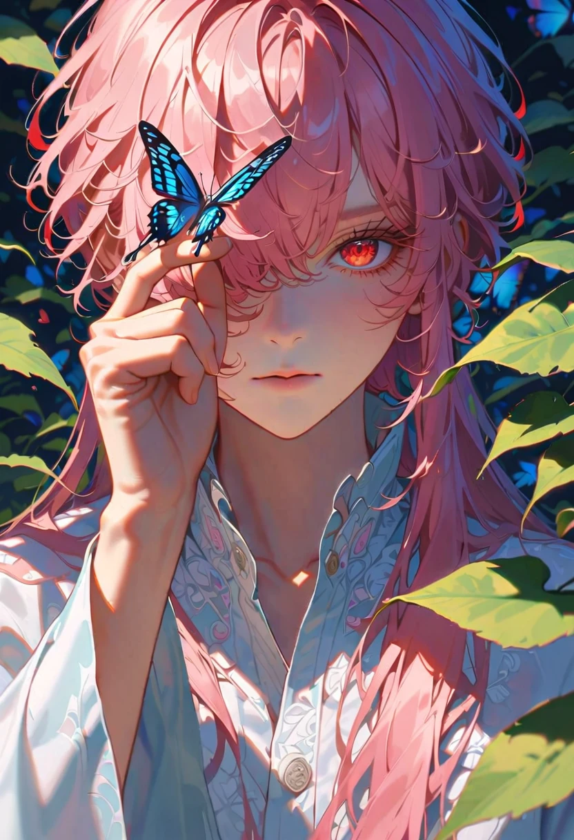 style9,boy,Cover one eye with a leaf,butterfly falls on red eyes,pink long hair