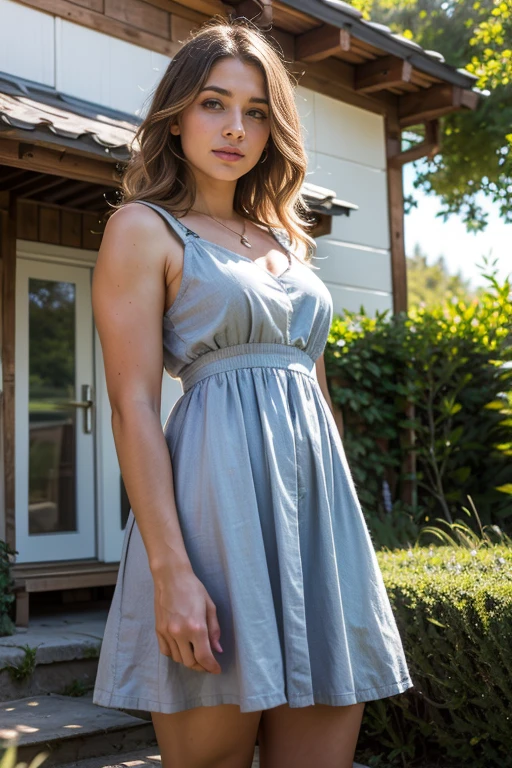 A beautiful woman with light delicately filtering through her hair, her summer dress is beautiful and she's standing in front of a cottage