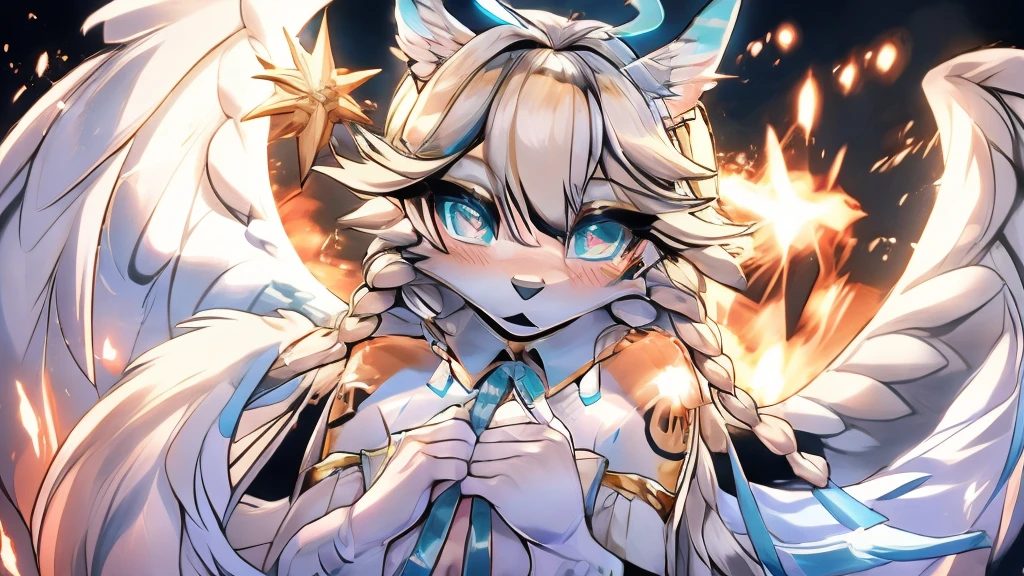 Miku Hatsune, add high definition_detail:1, blue fur,kitsune ears, tribal tattoo add_detail:1, in heaven add_detail, angelical girl, angel wigns add_detail, angelic yokai kitsune,