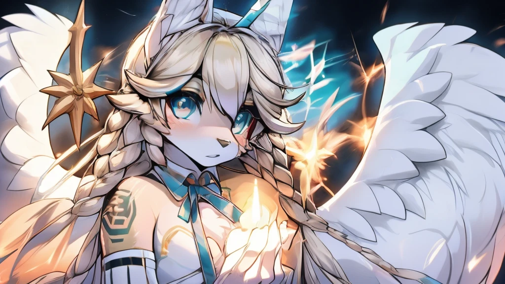 Miku Hatsune, add high definition_detail:1, blue fur,kitsune ears, tribal tattoo add_detail:1, in heaven add_detail, angelical girl, angel wigns add_detail, angelic yokai kitsune,