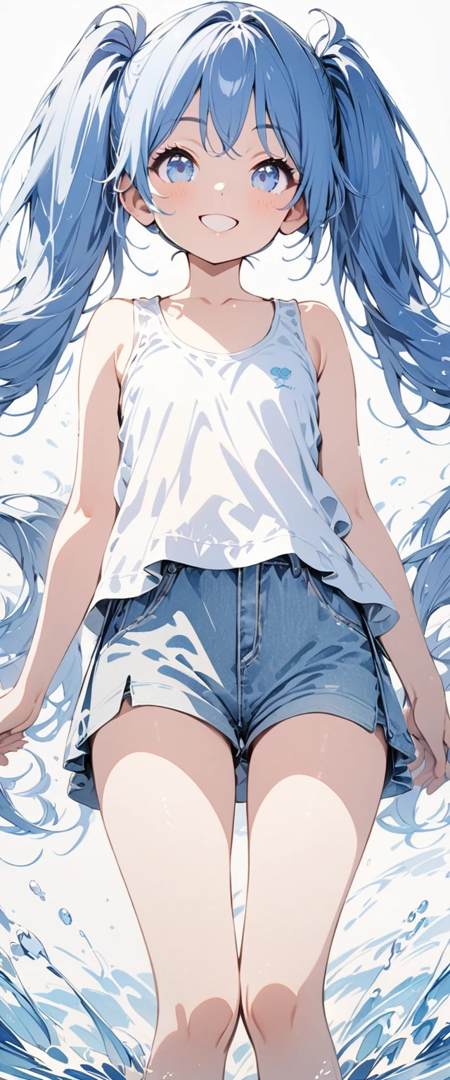 water color style, whole body, (female): 1girl, (solo), (perfect face), (detailed outfit), (), beautiful female, smile (happy), blue hair, long hair, twintails hair, blue eyes, (tank top,), (white background), (masterpiece:1.4), (best quality), (ultra-detailed)