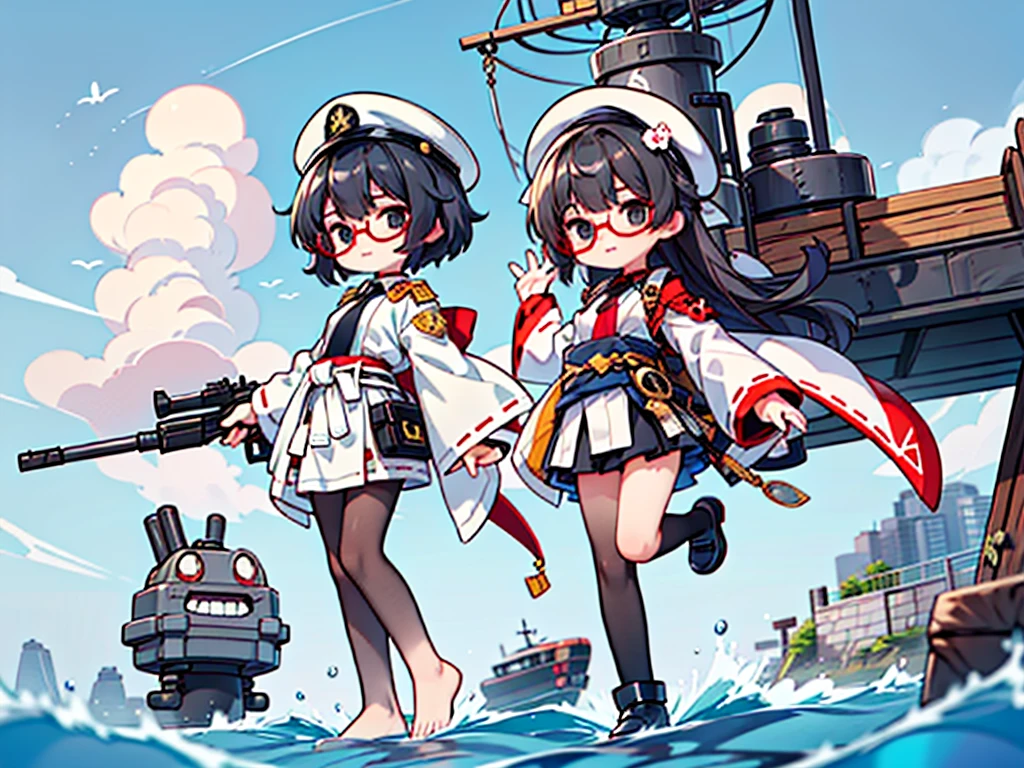 (((masterpiece, Vision))), ((((Full body of a woman with perfect flat chest、1 Female、solo、Short unkempt black hair、Tie your messy hair at the nape of your neck、white military jacket、Miko costume、black tights、Black glasses、White military cap、Cloudy black eyes、Confused eyes、Junyo-inspired emblem)))), (((Shipgirl))), ((Floating on the morning sea with both feet)), (Standing with your legs apart)), Aim, (Hold the shotgun turret grip with your right hand), (Equipped with a large caliber turret with a mechanical arm extending from the waist), (Equipped with a bridge on the back), (His left arm holds the grip of a triple machine gun), Shotgun shell in left arm, Bullet belt on thigh, Spreading the Machine's Wings, 2. Machine Tail, Naval base in the background,