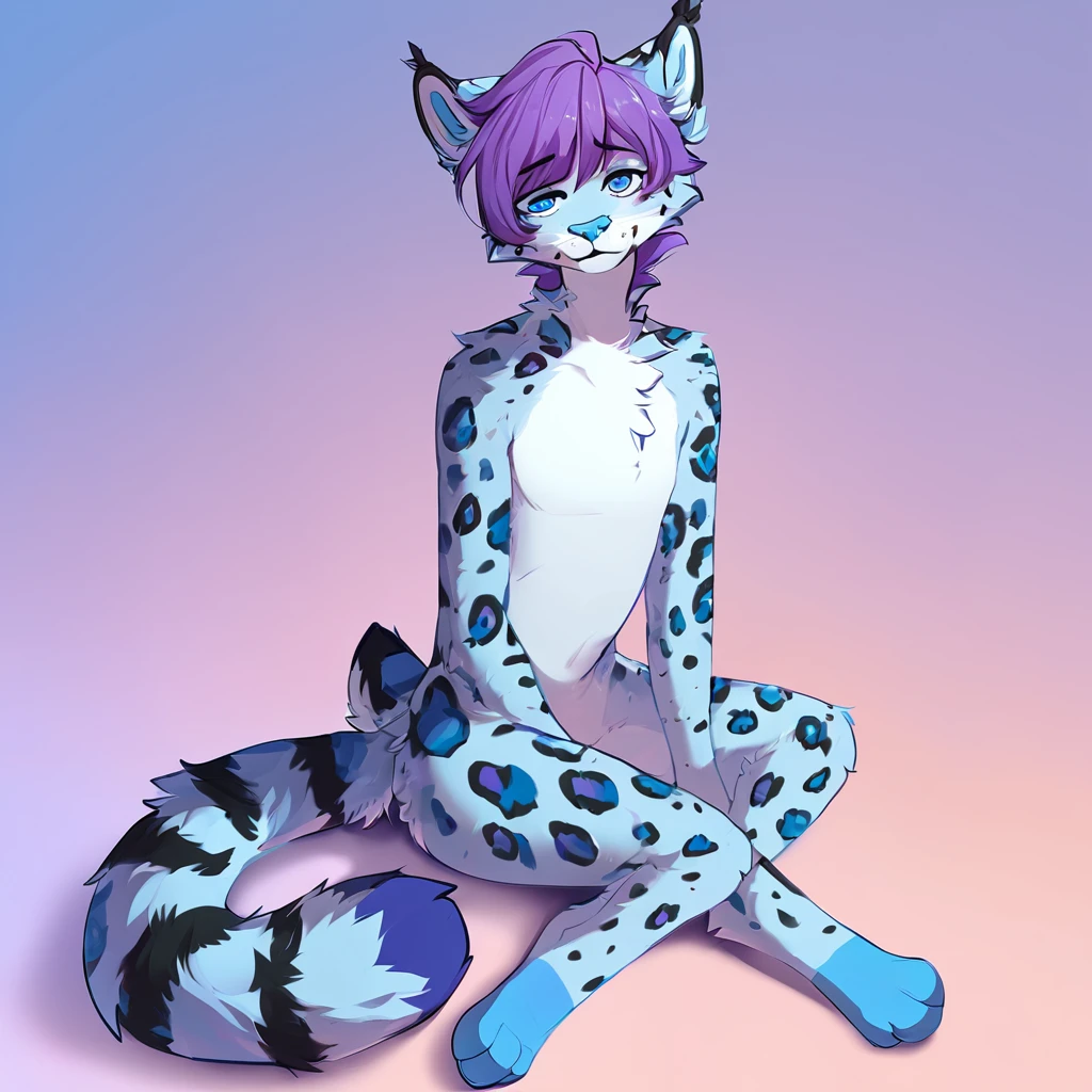 adult, feline, mammal, anthro, anthromorphic, snow, leopard, striped_feline, fur, furred_anthro, fluffy_tail. femboy, male, bangs, ear_tufts, blue_nose, blue_fingers, hair_tuft, hair_between_eyes, short_tail, fluffy, feline_ears, expressive_eyes, purple_hair, light looking_at_viewer, legs, legs_visible, thighs, blue_paws, blue_fur, shy, small_pupils, spotted_pattern, stripes, tail, tail_connected_to_body tiger_stripes, digital_art, high_resolution, high_res, head visible, neck visible, profile_picture pink_blue_background, gradient_background
