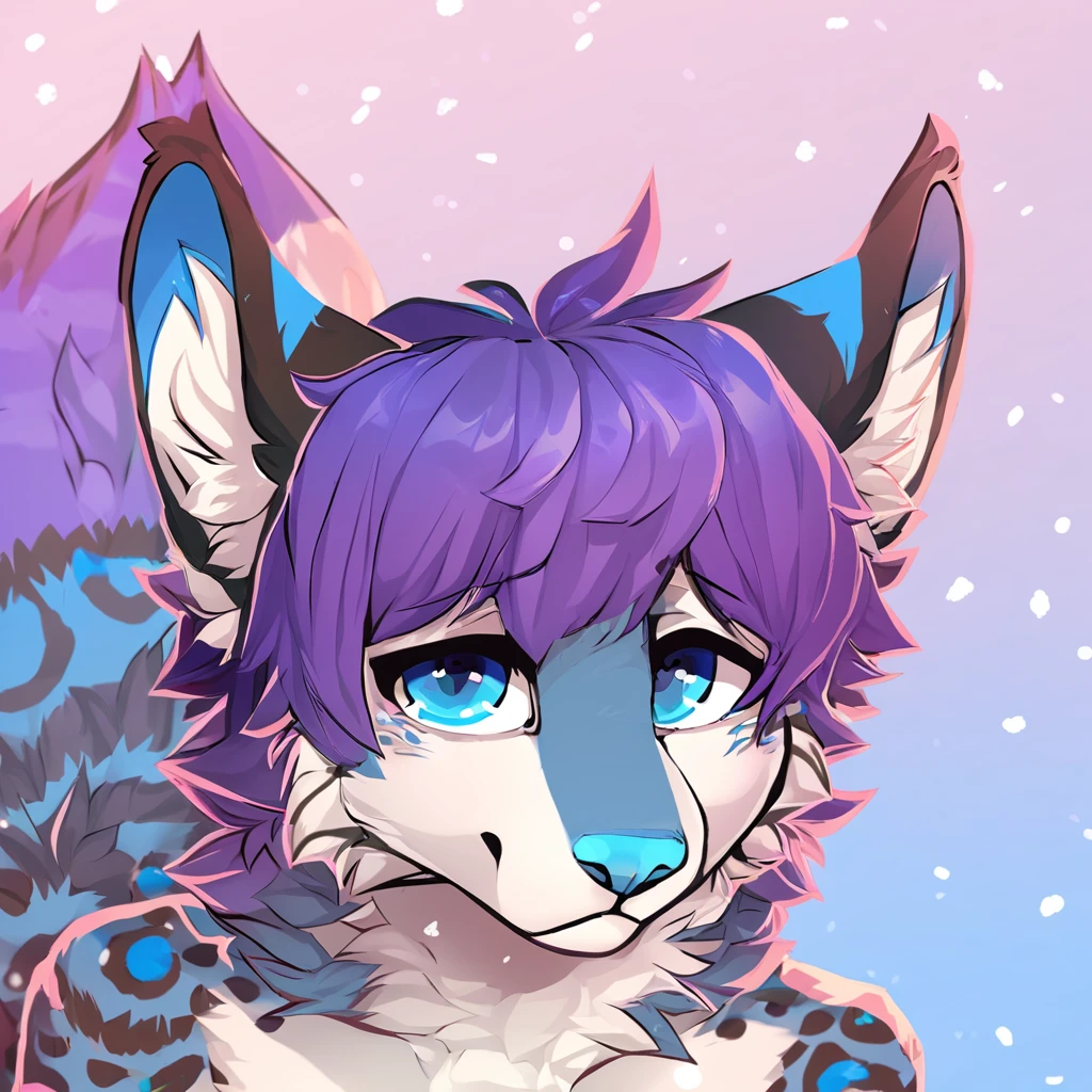 adult, feline, mammal, anthro, anthromorphic, snow, leopard, striped_feline, fur, furred_anthro, fluffy_tail. femboy, male, bangs, ear_tufts, blue_nose, blue_fingers, hair_tuft, hair_between_eyes, short_tail, fluffy, feline_ears, expressive_eyes, purple_hair, light looking_at_viewer, legs, legs_visible, thighs, blue_paws, blue_fur, shy, small_pupils, spotted_pattern, stripes, tail, tail_connected_to_body tiger_stripes, digital_art, high_resolution, high_res, head visible, neck visible, profile_picture pink_blue_background, gradient_background
