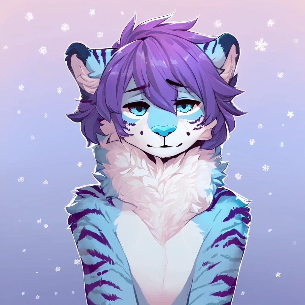 adult, feline, mammal, anthro, anthromorphic, snow, leopard, striped_feline, fur, furred_anthro, fluffy_tail. femboy, male, bangs, ear_tufts, blue_nose, blue_fingers, hair_tuft, hair_between_eyes, short_tail, fluffy, feline_ears, expressive_eyes, purple_hair, light looking_at_viewer, legs, legs_visible, thighs, blue_paws, blue_fur, shy, small_pupils, spotted_pattern, stripes, tail, tail_connected_to_body tiger_stripes, digital_art, high_resolution, high_res, head visible, neck visible, profile_picture pink_blue_background, gradient_background