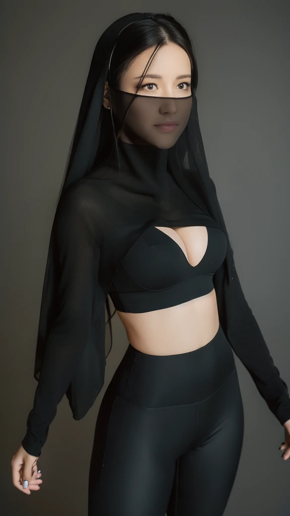 （lifelike， high - resolution：1.3），full body , 1 girl with a perfect body， Super fine face and eyes，slong hair， midriff of black colors：1.2， black shiny leggings，face veil,   big boob，Expose cleavage, ninja pose.