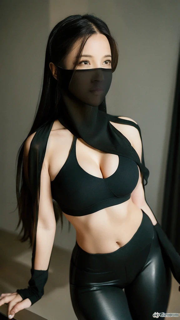 （lifelike， high - resolution：1.3），full body , 1 girl with a perfect body， Super fine face and eyes，slong hair， midriff of black colors：1.2， black shiny leggings，face veil,   big boob，Expose cleavage, ninja pose.