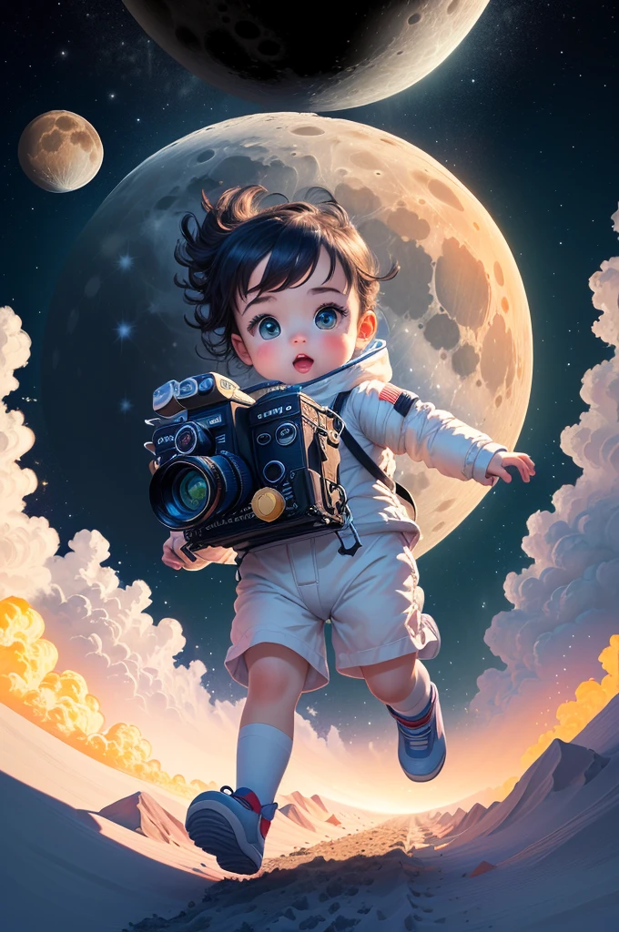 cartoon baby in a diaper running on the moon with a camera, to the moon, on the moon, cryptocurrency, moon mission, 🚀🚀🚀, on moon, typical cryptocurrency nerd, background artwork, moon landing, landing on the moon, in the moon, cute detailed digital art, lunar walk, crypto, giant crypto vault, 🚀🌈🤩, mining