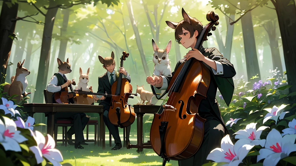 master piece, ultra detailed, hyper realistic, A high definition photograph of a string quartet composed of forest animals such as deer, rabbits, squirrels, and owls performing a musical piece in a lush, verdant forest setting, The animals are dressed in formal attire, with the deer playing the cello, the rabbits on the violins, the squirrels on the violas, and the owls conducting, The scene has a whimsical, magical quality, with sunlight filtering through the trees and flowers blooming around the animal musicians, flower field, a forest with sunlight filtering through the trees, creating a spotlight-like effect of dappled light, detailed lighting, intricate shadows, warm tones,