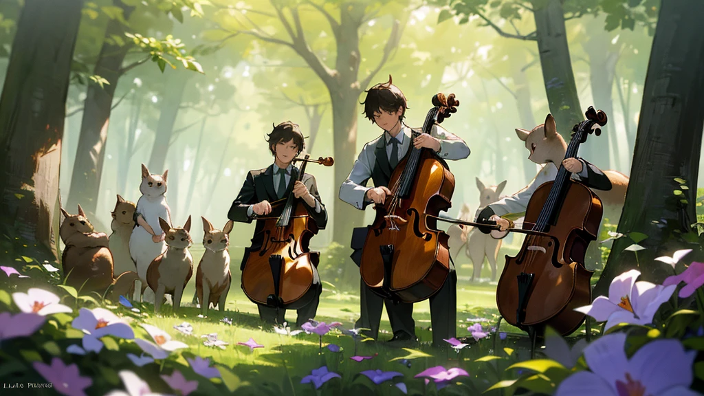 master piece, ultra detailed, hyper realistic, A high definition photograph of a string quartet composed of forest animals such as deer, rabbits, squirrels, and owls performing a musical piece in a lush, verdant forest setting, The animals are dressed in formal attire, with the deer playing the cello, the rabbits on the violins, the squirrels on the violas, and the owls conducting, The scene has a whimsical, magical quality, with sunlight filtering through the trees and flowers blooming around the animal musicians, flower field, a forest with sunlight filtering through the trees, creating a spotlight-like effect of dappled light, detailed lighting, intricate shadows, warm tones,