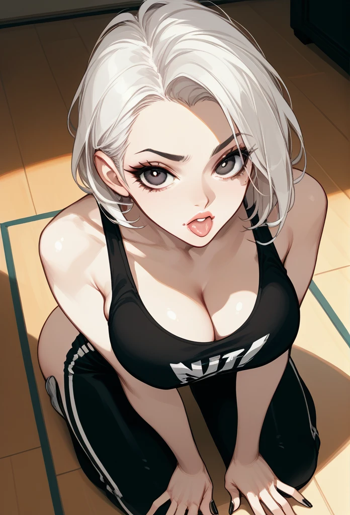 mature woman, mature face, (hot face), nasty expression, raven hairstyle, (white hair color, black gradient hair color), (sharp eyes), black pupils, glossy lips, tongue out, voluptuous body, big breasts, big ass, hands on floor, tank top, midriff tank top, hot pants, bedroom, kneeling on floor, above view