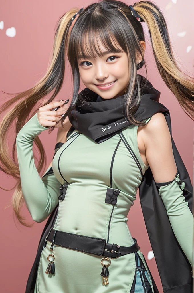 (8K、Raw photography、Highest quality、masterpiece:1.2),(Black Hair、Dark Eyes:1.9),(:1.6)、View your audience,Viewed from the front,White skin,(Twin tails:1.4)、(Tight waist:1.6)、(Clothes that accentuate the shape of the breasts:1.0)、(Big Breasts :1.3)、Slim figure、Ultra-high resolution,beautiful,beautiful fece,(One person、No background:1.9),whole bodyボディー,Japanese women,(reality的:1.37)、Photon Mapping,reality、(Baby-faced and cute: 1.4)、(Cute Smile: 1.8)、(Round face: 1.8)、Radio City、Physically Based Rendering、Depth of field rally background、photograph, (I can see your knees、Thigh close-up:1.8),(:1.6),whole body、Great quality