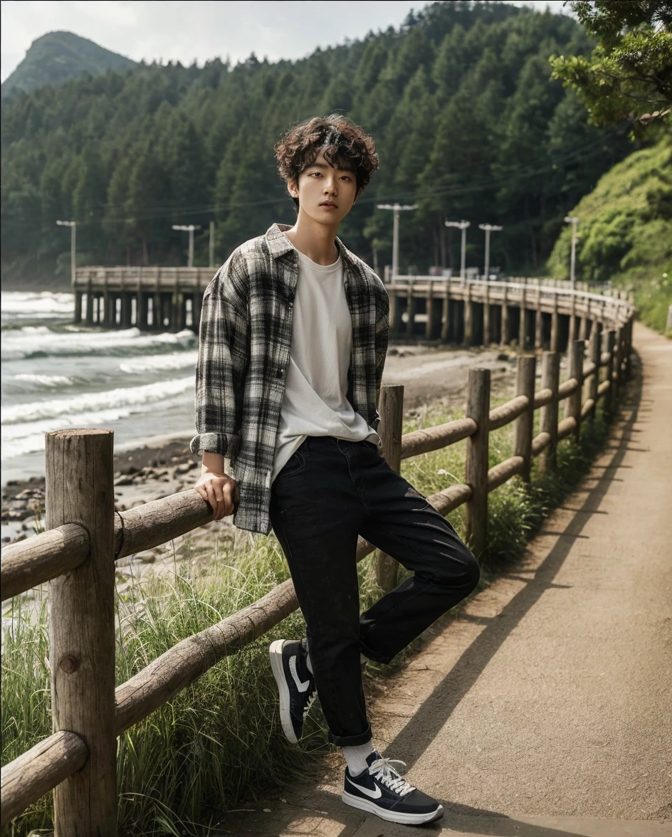 A Korean man with curly hair wearing a white t-shirt, short-sleeved black flannel shirt, pants jeans, Nike shoes, leaning against a wooden fence, aesthetic wooden fence, on a path full of grass at the water's edge, near the pier , beach trees in the background, in front of a dense forest background, mid shot portrait, photogenic full body shot, Japanese aesthetic background, waves behind him, photo taken on a sunny afternoon, looking at the camera