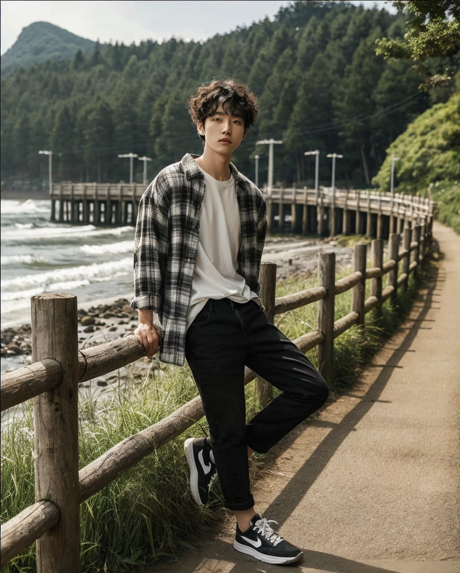 A Korean man with curly hair wearing a white t-shirt, short-sleeved black flannel shirt, pants jeans, Nike shoes, leaning against a wooden fence, aesthetic wooden fence, on a path full of grass at the water's edge, near the pier , beach trees in the background, in front of a dense forest background, mid shot portrait, photogenic full body shot, Japanese aesthetic background, waves behind him, photo taken on a sunny afternoon, looking at the camera