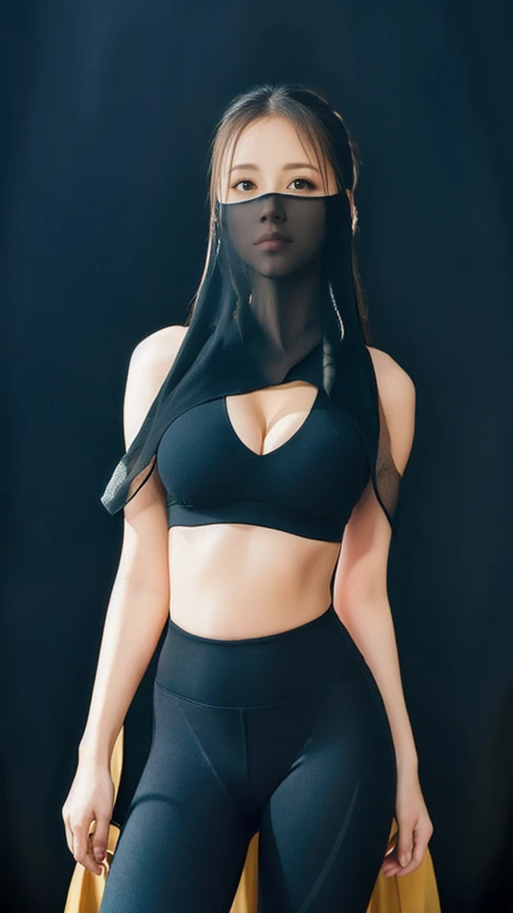（lifelike， high - resolution：1.3），full body , 1 girl with a perfect body， Super fine face and eyes，slong hair， midriff of black colors：1.2， black shiny leggings，face veil,   big boob，Expose cleavage, ninja pose.