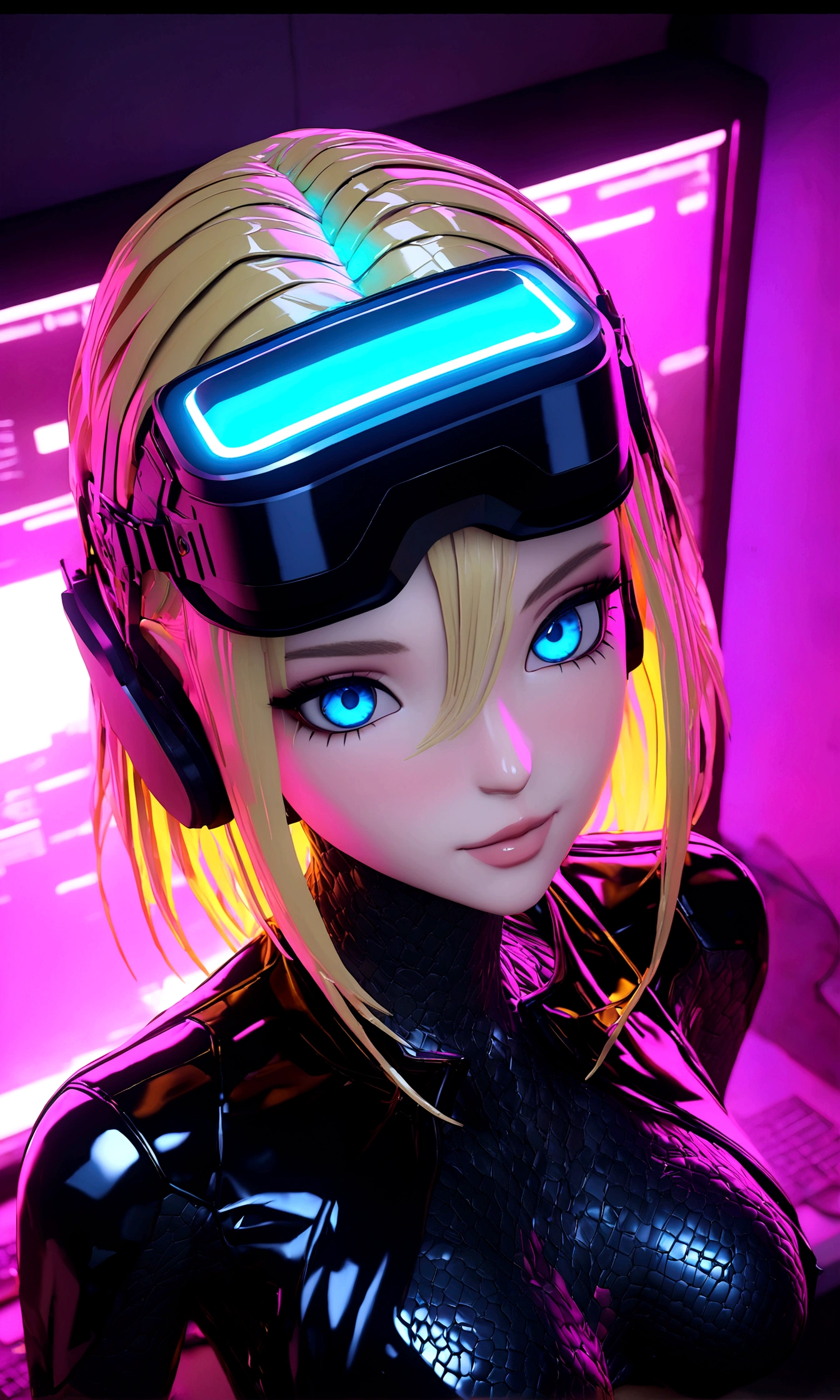 ((Best quality)), ((masterpiece)), (highly detailed: 1.3), 3D, NeonNoir, Naruto Uzumaki cyberpunk, female, blond hair, blue eyes (using the head mounted display that is thick and hi-tech: 1.2), using a cover, hacking a computer terminal, PURPLE NEON MONITOR LIGHT, GREEN NEON SIGNS ON THE WALL,