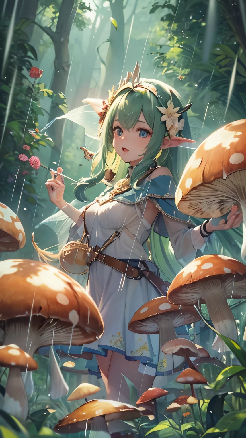 detailed, 8K, Movie angle, in the rain、Fairy Lady、whole body、Front facing、Dancing in a forest of mushrooms、