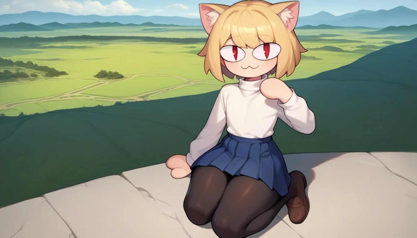 score_9, score_8_up, score_7_up, score_6_up, score_5_up, score_4_up, BREAK, 1boy, solo, necoarc, lit pupils, cat ears, blonde hair, red eyes, :3, turtleneck, blue skirt, pleated skirt, pantyhose, brown footwear, femboy, highlight thighs, landscape, pov, thick thighs, seductive pose