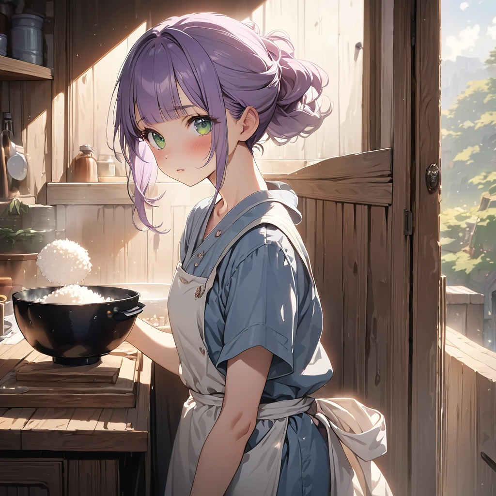 masterpiece, ultra detailed, 8K, a girl, kawaii, light atmosphere, (Cute a tsundere girl:1.5), anime visual, (tilt head:1.3), extremely delicate face, realistic lighting and shading, (an extremely delicate and beautiful art:1.3), a girl,blush,
from side, cowboy shot, pale purple hair, blunt bangs hair, green eyes, In the kitchen of a Taisho-style Western-style house, a woman is wearing a navy blue kimono, a cooking apron, her hair tied back, and serving rice, look at viewer,