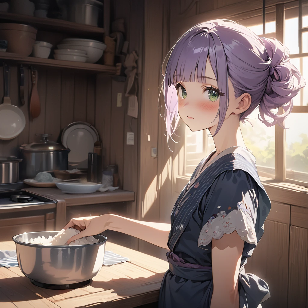 masterpiece, ultra detailed, 8K, a girl, kawaii, light atmosphere, (Cute a tsundere girl:1.5), anime visual, (tilt head:1.3), extremely delicate face, realistic lighting and shading, (an extremely delicate and beautiful art:1.3), a girl,blush,
from side, cowboy shot, pale purple hair, blunt bangs hair, green eyes, In the kitchen of a Taisho-style Western-style house, a woman is wearing a navy blue kimono, a cooking apron, her hair tied back, and serving rice, look at viewer,