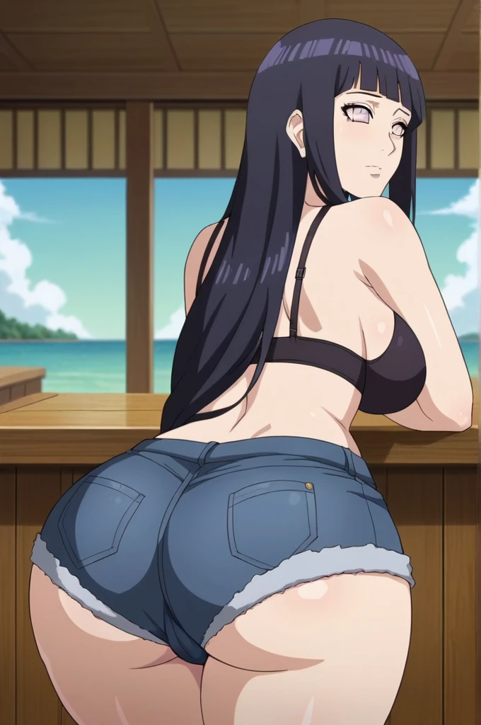 score_9, 1girl,solo, large breasts, (hinata, hyuuga hinata, purple eyes, blunt bangs, black hair) big breasts, perfect breasts, large breasts, round breasts, sexy body, slim waist, nice hips, skinny, nice thighs, short shorts, tiny shorts, micro shorts, black jean shorts, rear pov, back view, wearing short shorts, jean shorts, black bra, big ass, nice ass, 