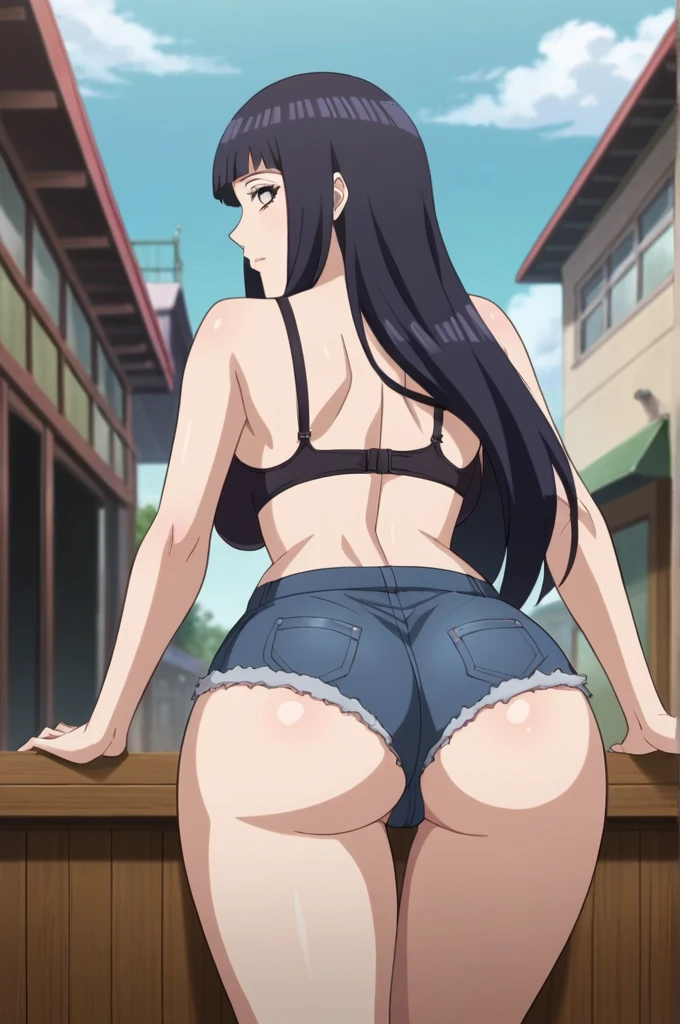 score_9, 1girl,solo, large breasts, (hinata, hyuuga hinata, purple eyes, blunt bangs, black hair) big breasts, perfect breasts, large breasts, round breasts, sexy body, slim waist, nice hips, skinny, nice thighs, short shorts, tiny shorts, micro shorts, black jean shorts, rear pov, back view, wearing short shorts, jean shorts, black bra, big ass, nice ass, 