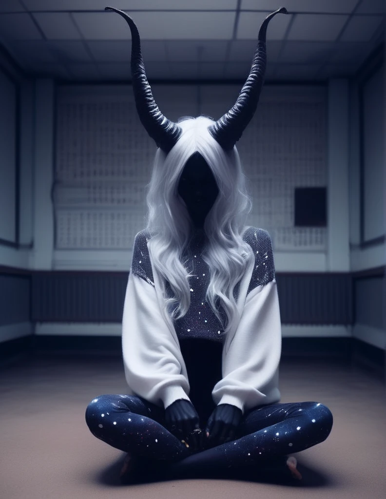 in an empty classroom , a dark demon girl with black horns, (pitch black eyes, cosmic black:1), , bright bleach white tips hair , well lit , very skinny, wearing a (over sized sweater, and polka dot leggings:1.3) cosmic pattern on skin , intricate detail