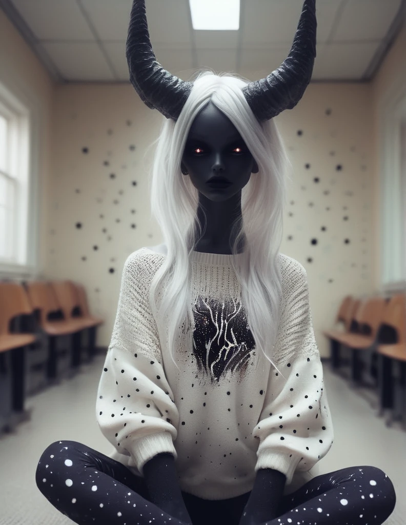 in an empty classroom ,  a dark demon girl with black horns, (pitch black eyes, cosmic black:1), , bright bleach white tips  hair , well lit , very skinny, wearing a (over sized sweater, and polka dot leggings:1.3)  cosmic pattern on skin , intricate detail