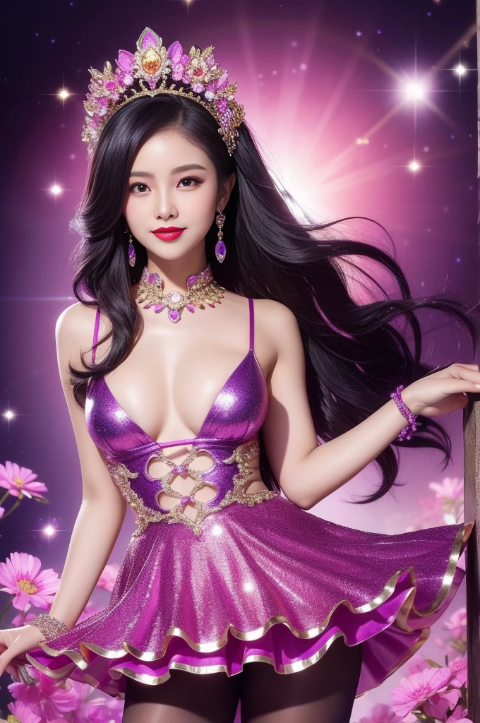 sexy Thai model who controls poison、beautiful smile、lip-gloss、bold lipstick、intense makeup、look at the camera、full body Esbian、、sparkling poisoned flower costume、、、、sparkling Colorful hair、secrete poison、skull hair accessories、sexy tights、shiny sparkling flowers background