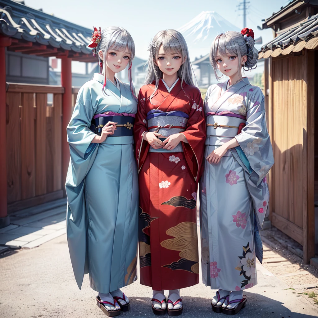 very cute and beautiful girl,(Highly detailed beautiful face),(smile:1.2),View your viewers,
((8K, RAW Photos, Highest quality, masterpiece)),((Showing the kimono from the obi up：1.5)), High-resolution RAW color photos、

Professional close-up photography, (Realistic, フォトrealism: 1.37), 

(Highest quality), (Best Shadow), (Best illustrations),

High-quality images、Skin Radiance、Texture of skin and clothing、

Expression of fine eyes、Shiny Hair,Long Hair Girl, Manga inspired by Lee Jong-suk, 

Trending on deviantart, realism, detailed manga style, Manga art style,

Perfect Line Drawing, Beautiful line art, digital manga art girl, K-POPアイドル,

 Beautiful brown eyes, Fuller lips, Gorgeous face with attention to detail, 

(かわいいsmile), attractive, Innocent, (Perfectly detailed face), 

(Detailed and carefully drawn hand) Photorealistic images, Written boundary depth, 

(Japanese style princess cut hairstyle:1.5), 

best quality, masterpiece, New Year, 

 

Three Japanese high-school cute girls, ((looking straight:1.7)), 



((Kimono with strikingly beautiful colorful colors, red, Silver, gold:1.7)),

((white short scarf:1.2)), ((white feather shawl:1.2)), 



((gently smiling:1.7)), 

((upper arms hidden by clothes and hair:1.5)),

(innocent and pure high-school-girls:1.7)



(separately side by side:1.5), 

shrine background, (mount Fuji:1.3), ((snow))

winter(season), (outdoors:1.5)