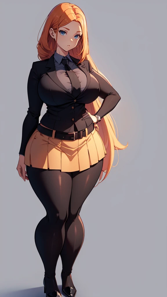 blank background, (((full body))), (masterpiece), ((best quality)), ((tall girl)), straight hair (curvy:1.7), (short skirt), shoes, belt below navel, ginger hair,, (black suit and tie), wide hips