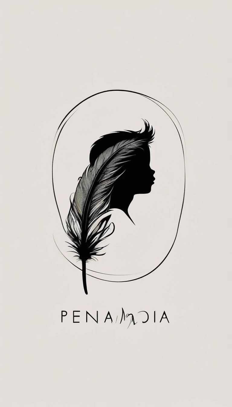 A minimalist, fantastic, poetic, dreamy, captivating, memorable, masterpiece, modern, simple logo design of a boy and a feather for the brand “Penamemoria". The logo must convey a sense of music, stories and dreams. Minimalistic logo design of a boy and a feather.