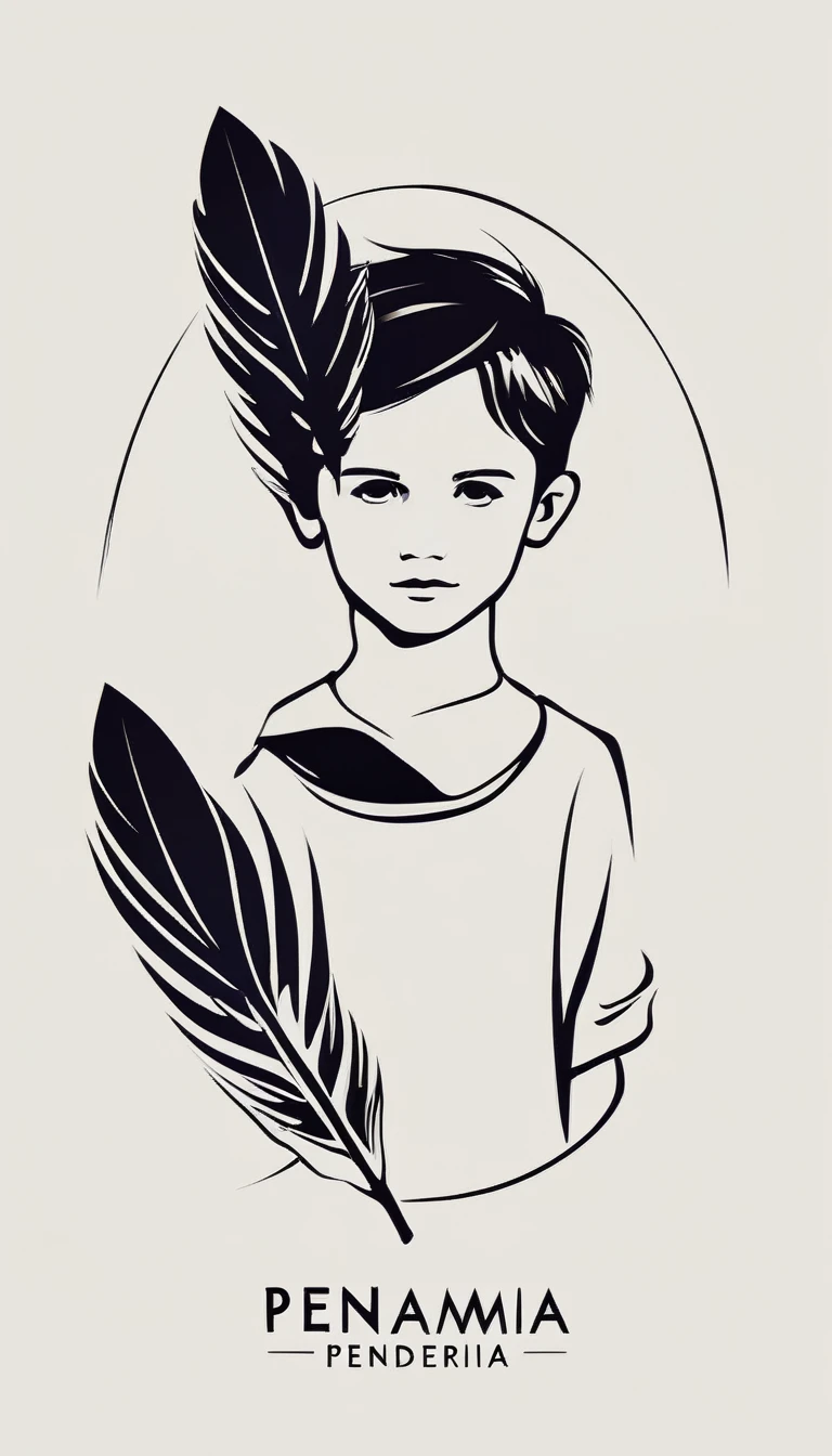 A minimalist, fantastic, poetic, dreamy, captivating, memorable, masterpiece, modern, simple logo design of a boy and a feather for the brand “Penamemoria". The logo must convey a sense of music, stories and dreams. Minimalistic logo design of a boy and a feather.