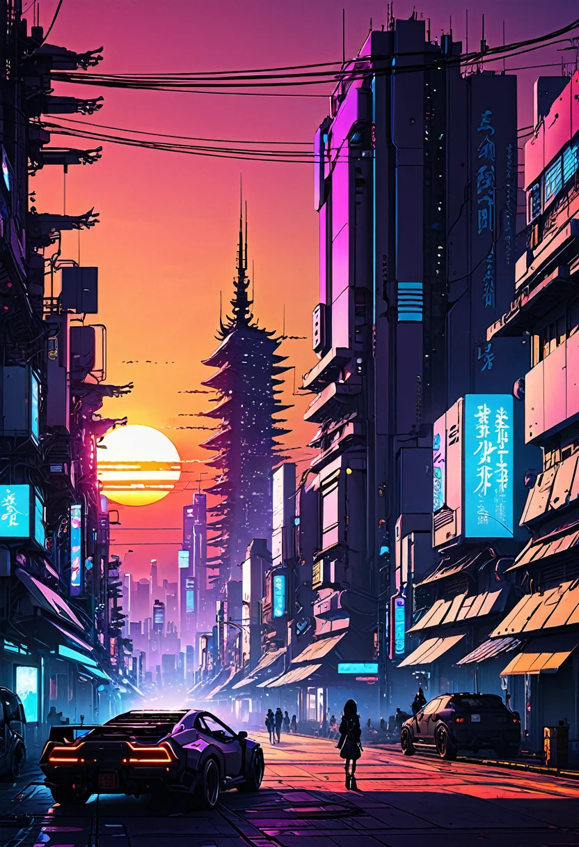 anime style, sunset, brightness, cyberpunk city