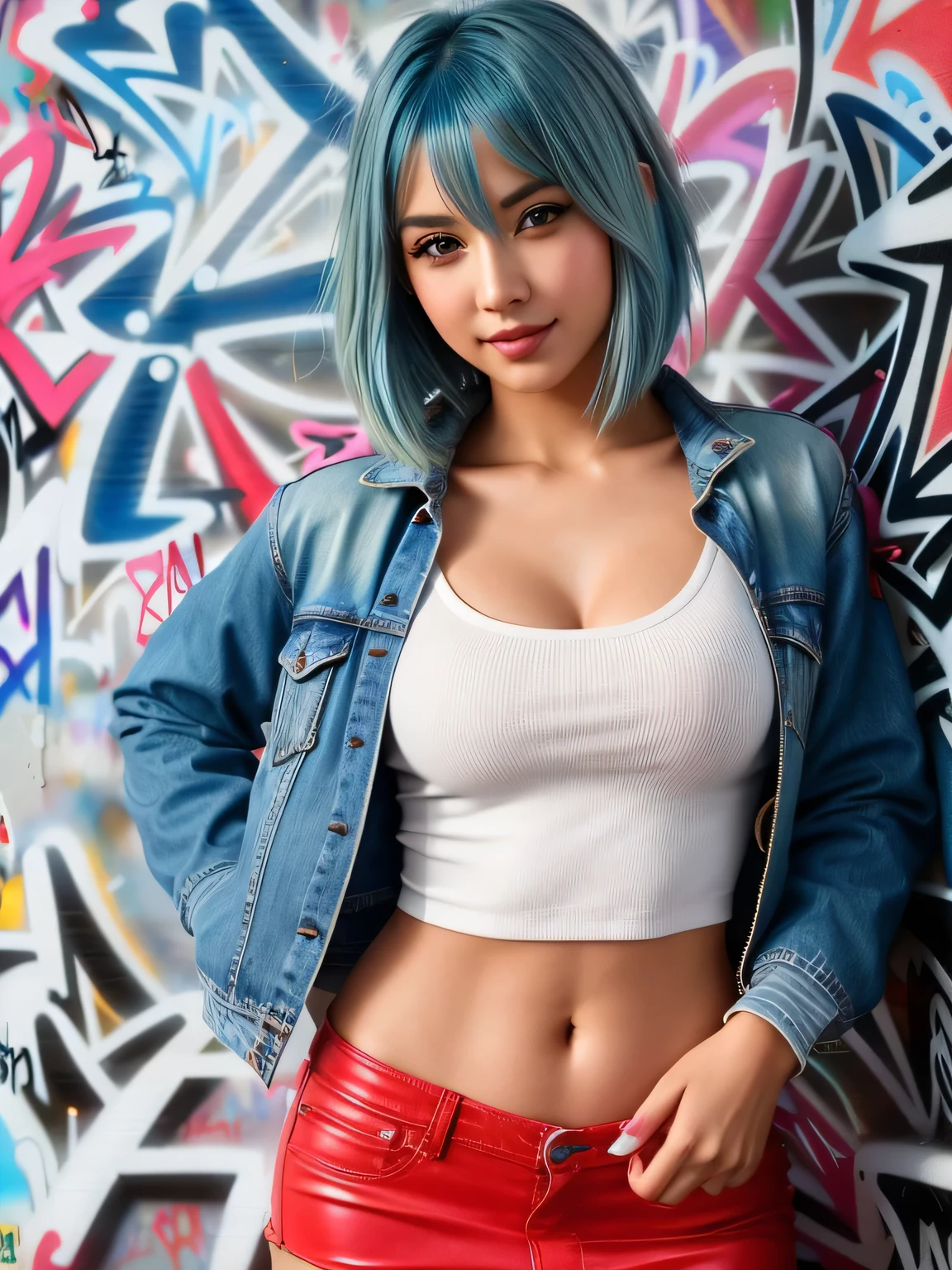 (blue hair:1.4), short hair, realistic green eyes, cobalt hair, long bob hair, tousled hair, shoulder length hair, Full body, woman with white skin and Asian features, 24 year old, big breast. She has a small, elegant nose with a slight upward curve at the tip. Her lips are full and naturally pink, with a well-defined Cupid's bow. Her teeth are straight and white, enhancing her captivating smile. Her face has an oval shape with high cheekbones that add to her model-like appearance. (crack), detailed (texture!, shine, color!!, flaws: 1.1), highly detailed glowing eyes, (looking at camera), specular light, dslr, extreme quality, crystal clear, cute face, detailed skin pores, oil Dark skin, brown, complex eye details, she is far from the camera, A full-body portrait, captured from a distance. Dynamic Frame Best Quality, Realistic, full body Realism, beautiful hairstyle, 8K, (masterpiece, best quality:1.4), (beautiful, aesthetic, perfect, delicate, intricate:1.2), (cute, adorable), (depth of field:1.2), colorful, vivid colors, perfect female form, perfect face, narrow waists, soft smile, (a sexy woman), White tank top, Jeans Miniskirt, Blue Mini Skirt, Sexy Heels, (red plastic jacket:1.2), (hands in pokets), looking at viewer, cleavage, (graffiti wall:1.4), (standing, cowboy shot), (short hair:1.3)