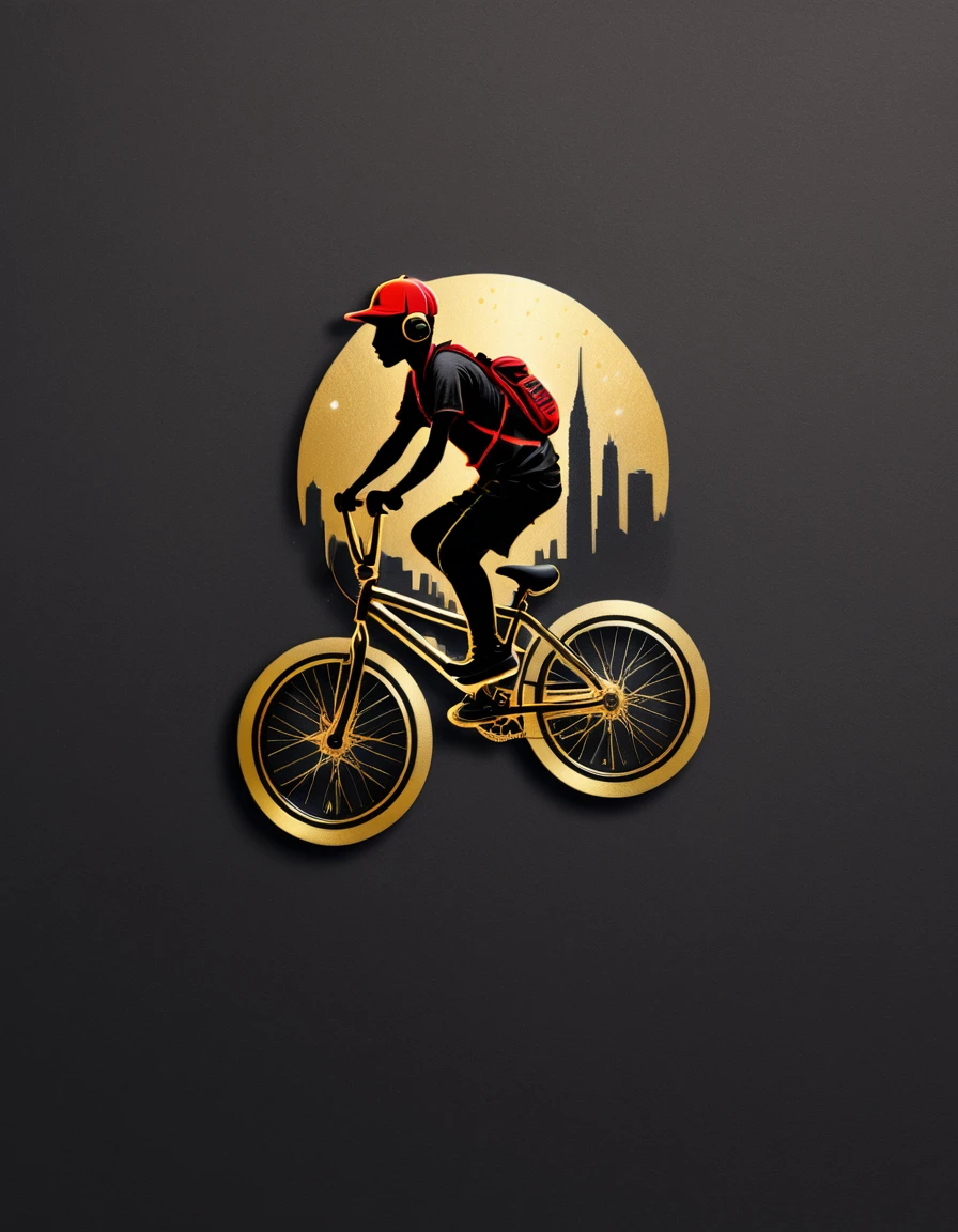 creative logo illustration sticker style of a silhouette with red cap, golden headphone riding a golden BMX bicycle, digital art work featuring the word ( SWAGG ) by dan mumford, carne griffith, alex janvier, high definition, negative space, set on a bright background, tshirts design