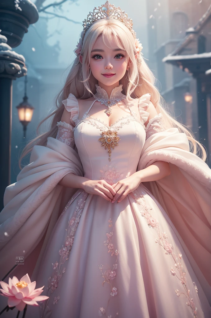 a white pig wearing soft royal dress, dressed as snow princess, super cute, cinematic lighting, intricate filigree design, Pixar style, anthropomorphic ,holding a pink lotus, big eyes, smile, peach blossom, stream, charming, immortal, fluffy, shiny mane, ptals, fairy tales, illusory engine 5 and Octane Render,incredibly detailed, 4k, trending on artstation, Gorgeous,ultra wide angle, 4K, Digital painting, Highly detailed, Concept art, Artstation