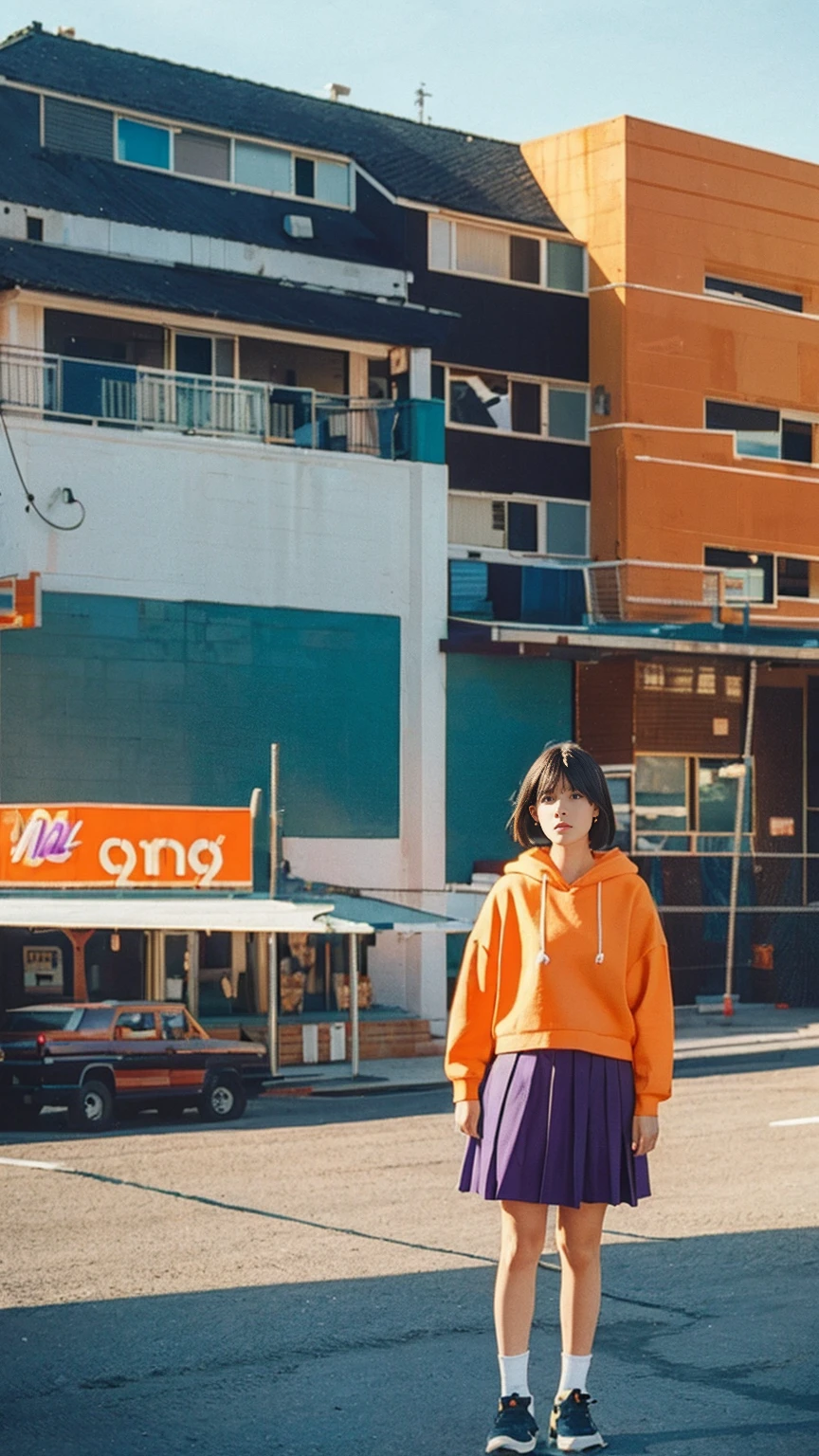 long shot portrait of cute 23 yo girl ,(perfect natural breast),wear ((orange color oversized hoodie)), wear ((purple tennis skirt)),looking viewer,Best Quality,Masterpiece,Ultra High Resolution,(Realisticity:1.4),Original Photo, 1Girl, light leak,ultra high resolution,UHD,beautiful, (black bob hair), almond eye, no makeup, in front of ((80's mondrian architecture motel)), (realistic:1.2), (surreal:1.3), (very detailed:1.1), ((masterpiece)),summer, blue sky, palm trees,sunny, los angles vibes,film camera, 800mm lens,style of Philip Lorca diCorcia