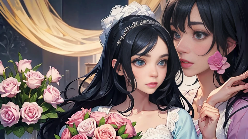 Woman and bouquet,She looked at me with such beautiful and kind eyes..Schneider Pastel Ink Details, Soft and wonderful, fluffy, (Very nice and beautiful), (Perfect detail)、(pastel colour),Soft texture:1.2.(Tabletop, Highest quality), (Beautiful, detailed eyes), (Detailed eyes and face),(Jet black silky hair), The colour is noticeably brighter.A faintly blurred silhouette