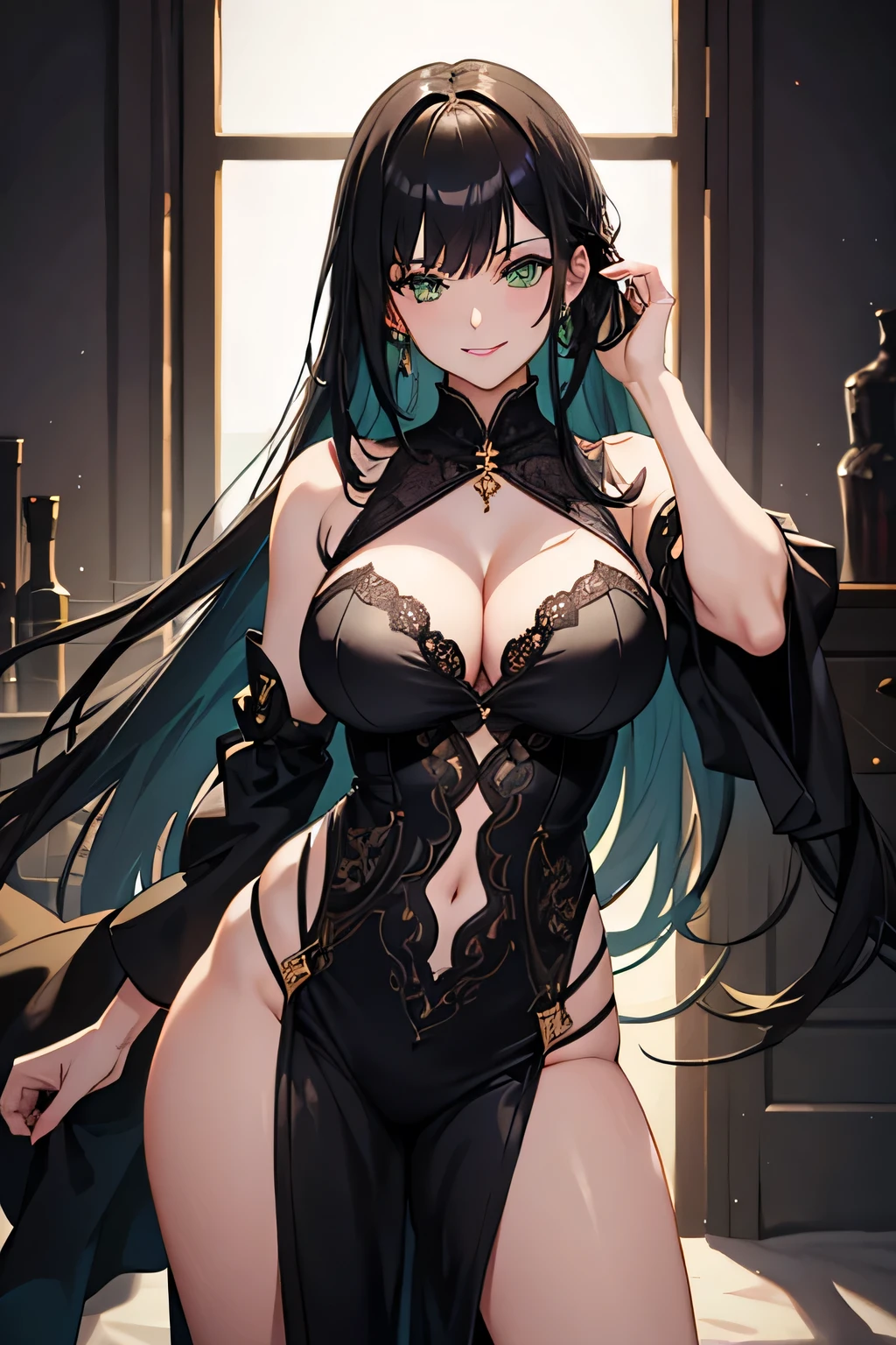 masterpiece, best quality, detailed clothes,1girl, green eyes, black hair, solo, long hair, bangs, large breasts, cleavage, sexy, hot, teasing clothes, smiling, smile