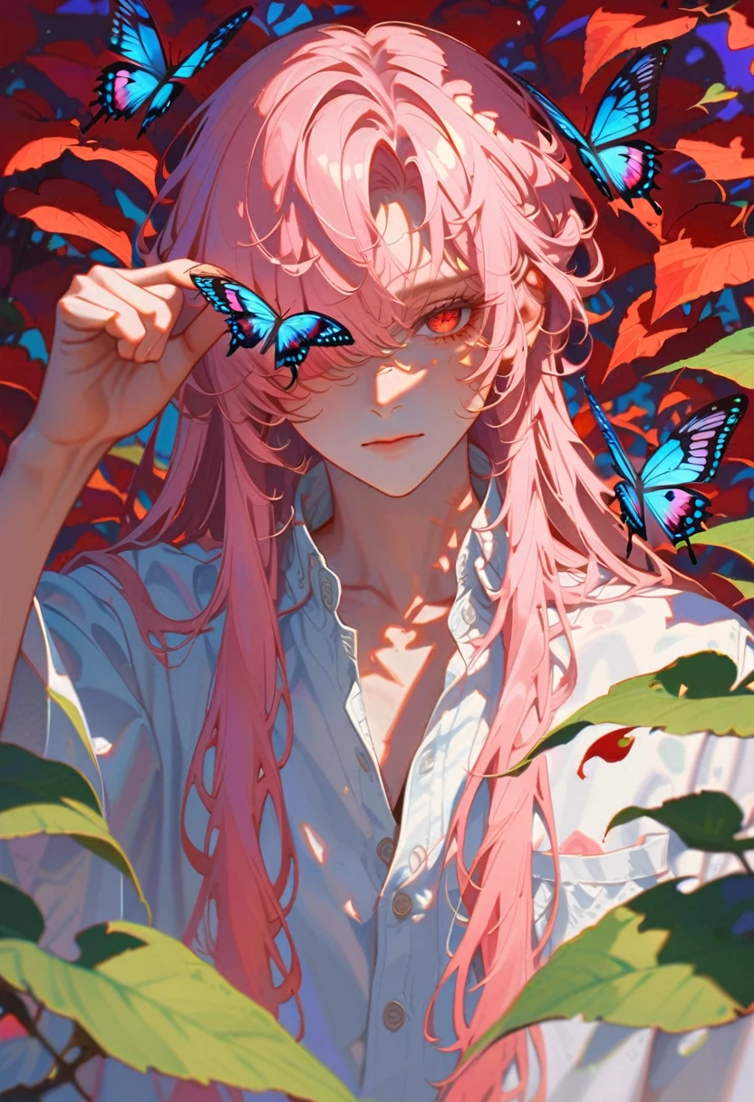 style9,man,Cover one eye with a leaf,butterfly falls on red eyes,pink long hair