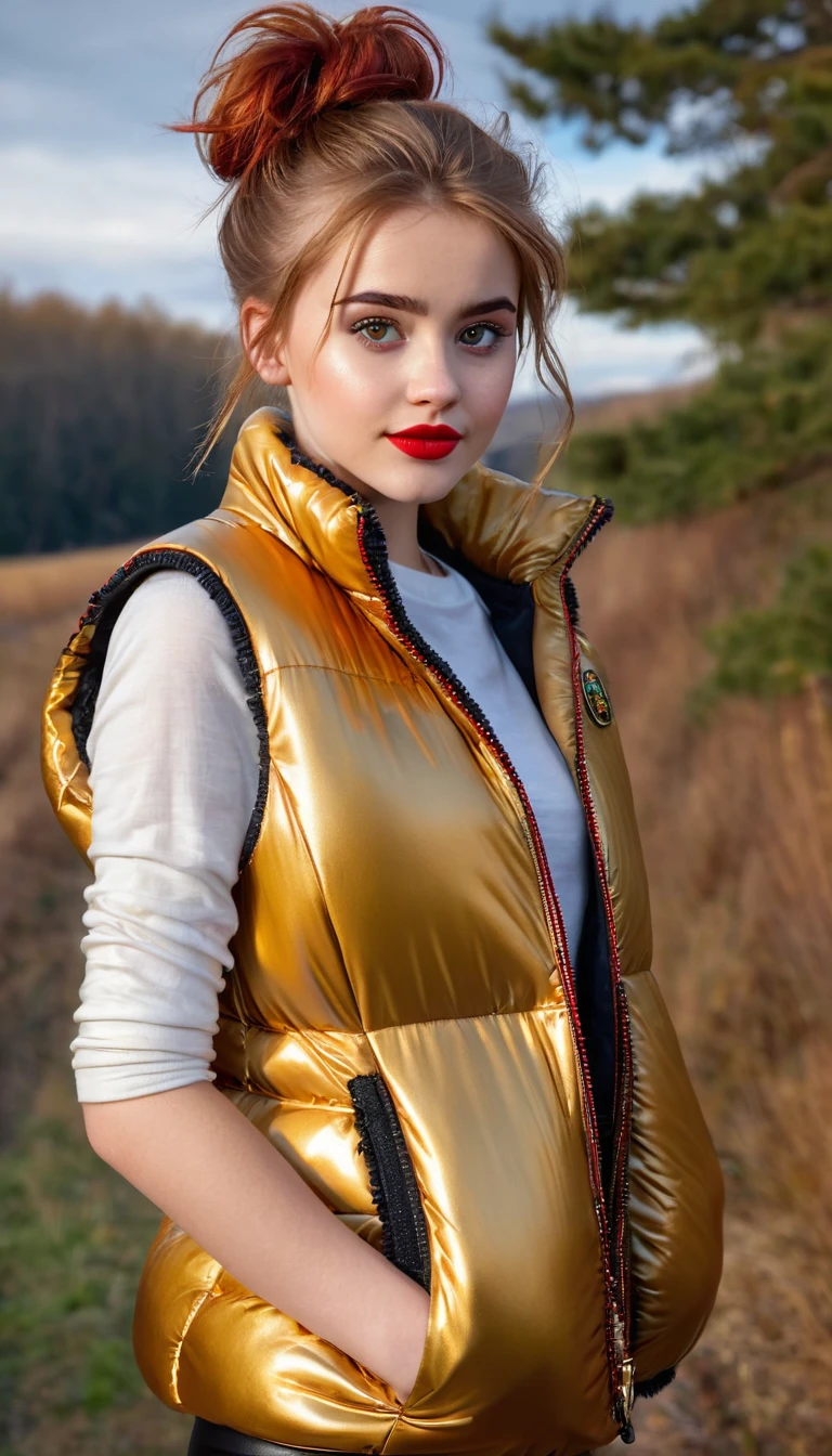 ultrarealistic high quality fullbody photo of a beautiful slim european teen girl with cute hyperdetailed shy face and natural redhead short messy bun and mischievous face, realistic round hazel eyes, red lips, dark eye makeup with eyeliner, wearing shiny gold puffer vest and faux leather leggins, hourglass body, outdoor shooting