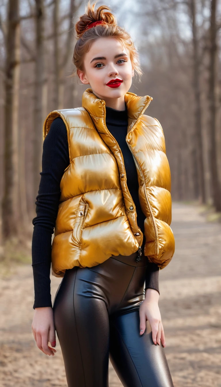 ultrarealistic high quality fullbody photo of a beautiful slim european girl with cute hyperdetailed shy face and natural redhead short messy bun and mischievous face, realistic round hazel eyes, red lips, dark eye makeup with eyeliner, wearing shiny gold puffer vest and faux leather leggins, hourglass body, outdoor shooting