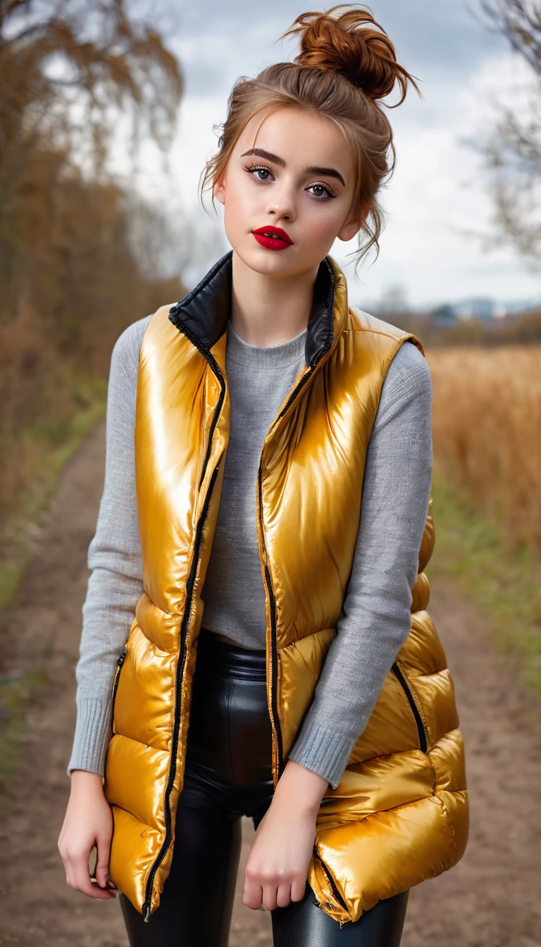 ultrarealistic high quality fullbody photo of a beautiful slim european girl with cute hyperdetailed shy face and natural redhead short messy bun and mischievous face, realistic round hazel eyes, red lips, dark eye makeup with eyeliner, wearing shiny gold puffer vest and faux leather leggins, hourglass body, outdoor shooting