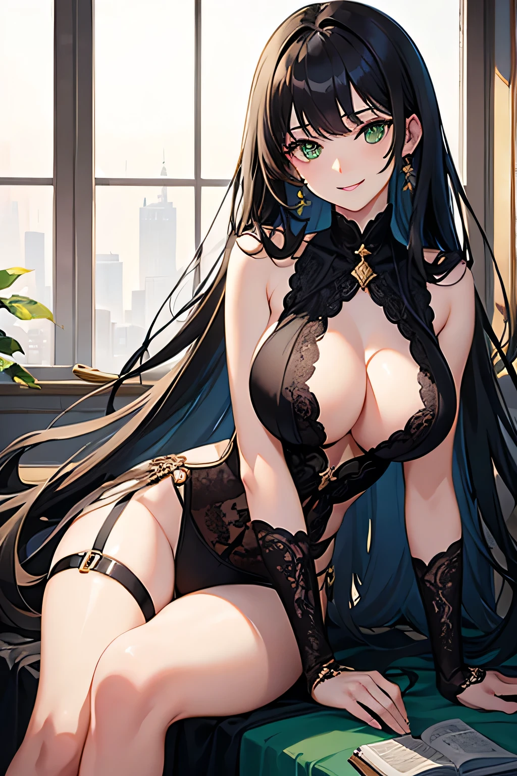 masterpiece, best quality, detailed clothes,1girl, green eyes, black hair, solo, long hair, bangs, large breasts, cleavage, sexy, hot, smiling, smile