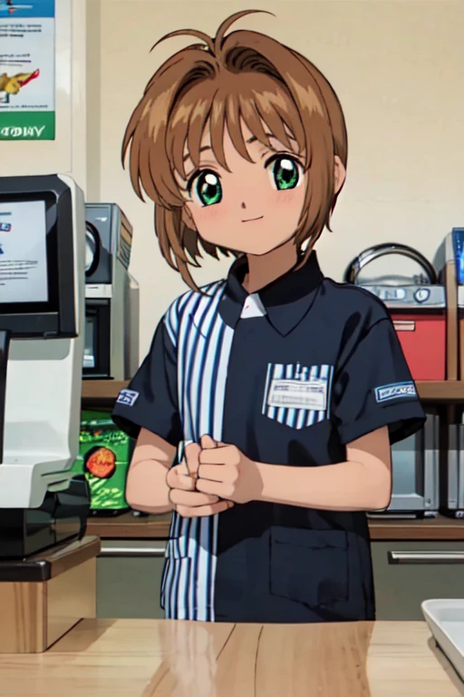 convenience store, scenery, shop, indoor, || Lawson, employee uniform, uniform, ID card, Striped, shirt, pants,, ultra detailed, masterpiece, Highest quality, beautiful, detailed,, solo, A kind smile, A light smile,
One girl, Medium chest,anime,cute, 6 ******** girl,Short Bob Hair,Brown Hair,Your eyes are shining,A big smile,Tilt your head slightly and blush,Beautiful background,High resolution backgrounds,Card Captor Sakura,